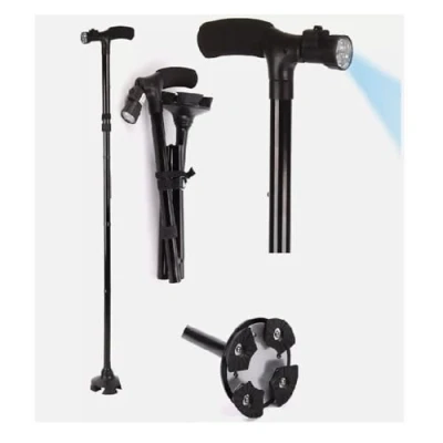 Image of Holdfiturn Walking Stick, Folding Cane with LED Light, 85 95.5cm Lightweight Adjustable Collapsible for Balance, Stick Men/Women Cushion T Handle and Pivoting Quad Base