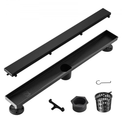 Image of VEVOR 610mm Linear Shower Drain Offset with Tile Insert Cover,Brushed 304 Stainless Steel Rectangle Floor Drain, Sleek Hair Strainer, Black