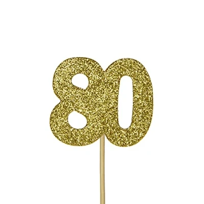 Image of Anniversary House 12 Pcs Gold Glitter 80th Birthday Cake Toppers, 3.8 x 4.5cm Cupcake Paper, Decorations, J068