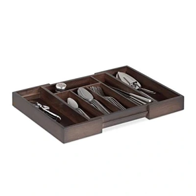 Image of Relaxdays Cutlery Drawer Tray, Extendable, Variable Width, 5 7 Compartments, Bamboo Organiser, HWD: 5x48x33.5cm, Dark Brown