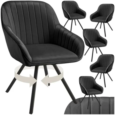 Image of TecTake® Set of 6 Velvet Dining Chairs with Slim Steel Legs, Large Arm &amp; Backrests, Soft Padding, 360 Swivel Armchairs Height Adjustable Feet Ideal Living Room, Kitchen Desk Black
