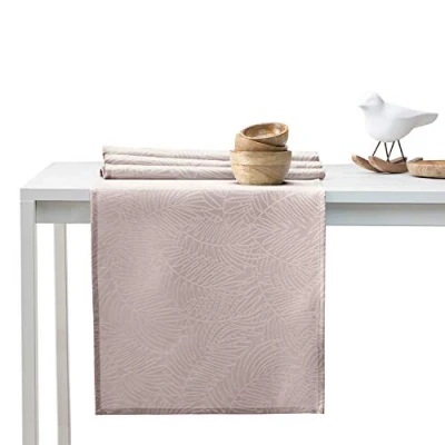 Image of AmeliaHome Gaia Table Runner 40 x 140 cm Lotus Effect Water Repellent Leaves Powder Pink