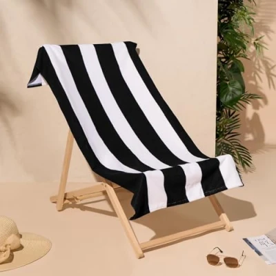 Image of Dreamscene Microfibre Black Beach Towel Stripe, Swim Towels for Adults Super Quick Dry Pool Gym Summer Holiday Essentials Travel Towels, 71cm x 152cm