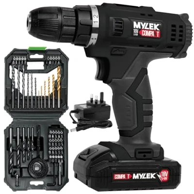 Image of MYLEK MYW09 18V Cordless Drill Electric Screwdriver Set, Powerful Lithium Ion Battery Pack, 18 Volts Combi Driver with 4ORCE Accessory Kit (56 Piece)