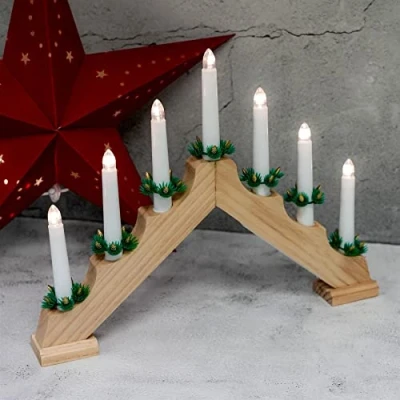 Image of GEEZY Wooden Christmas Candle Bridge Arch in Natural Wood Finish LED Candles Battery Operated Lights Xmas Window Sill Decorations and Ornaments