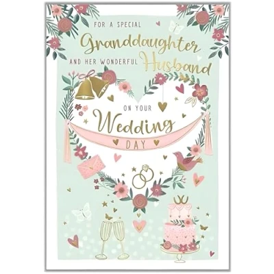 Image of Wedding Congratulations Card Granddaughter and Her Husband Special Finishes Floral Heart Design Illustrated Insert Leaf Eco Friendly Made in the UK
