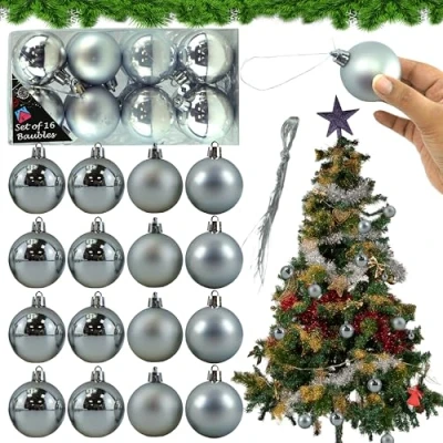 Image of 16PCs Silver Christmas Tree Decoration, Ball Ornaments, Bauble with Metallic Strings for Wedding, Birthday Party