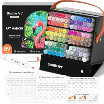 Image of Shuttle Art 88 Colours Pens, Dual Tip Alcohol Based Markers Plus 1 Blender Permanent Marker Pens with Handle Case for Adults &amp; Artists, Ideal Graphic Colouring, Drawing, Sketching
