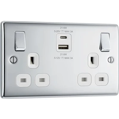 Image of BG Nexus Metal Polished Chrome, 13A Double Switched Socket with USB A + C 22W, White Inserts