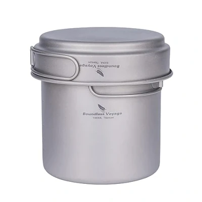 Image of iBasingo 500ml &amp; 1080ml Titanium Pot Pan Set Ultralight Camping Cookware with Folding Handle Outdoor Cup Bowl Small Frying Portable Hiking Picnic Backpacking Kitchen Cooking Kit Ti2035C