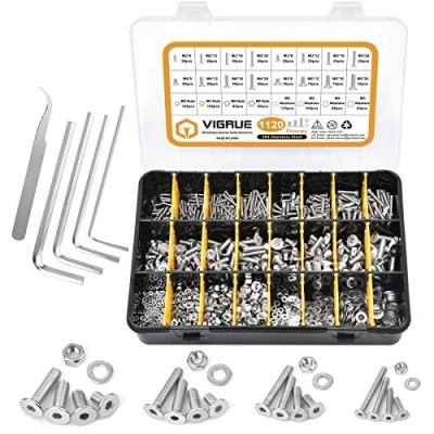 Image of VIGRUE 1120 Pieces M2 M3 M4 M5 Countersunk Screws with Hexagon Socket Hex Flat Button Screw Set A2 70 Stainless Steel Nuts and Washers Assortment Black Storage Case Box