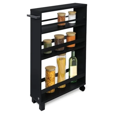 Image of bomoe Hylla Storage Cart 50x79x15 cm Kitchen Trolley with 2 Wheels &amp; Feet Utility 3 Shelves FSC® Worktop Narrow Under Desk for Kitchen, Bathroom, Office Black