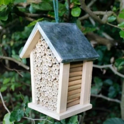 Image of Garden Mile Wooden Insect Hotel with Silver Roof Eco Friendly Natural Wood Weatherproof Insects House Hanging Outdoor Box Shelter Nesting Habitat for Bees, Butterflies, Ladybirds and Bug