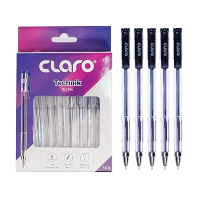 Image of CLARO Technik Ballpoint Pens, BLACK, Fine Point (0.7mm), Pack of 10, Smooth Ball Pens for School Office Home Everyday Use