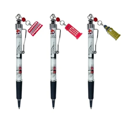 Image of LILAJ Set of 3 London Charm Pens Featuring Double Decker Bus, Royal Guard, Post Box, and Iconic Big Ben, Tower Bridge Designs Landmarks Gift Perfect Collectible British Souvenir