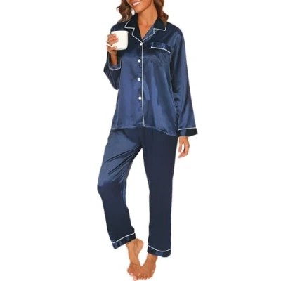 Image of Reliwel Women&#039;s Pyjama Set Silk Satin Long Sleeve Button Down Ladies Pyjamas two Piece Pjs for Women Sets Sleepwear Loungewear Nightwear Fall Winter S XXL Navy Blue