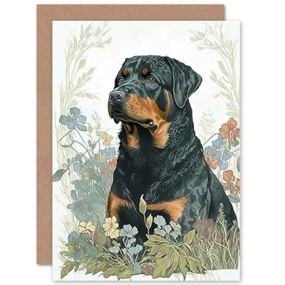 Image of Artery8 Rottweiler Dog Sitting in Flower Field Modern Watercolour Illustration Art Birthday Sealed Greeting Card Plus Envelope Blank inside