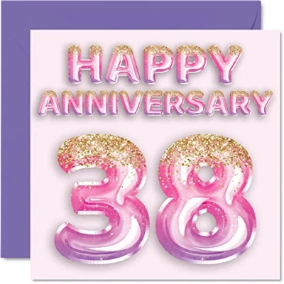 Image of Pretty 38th Anniversary Card for Wife Girlfriend Husband Boyfriend Pink Purple Glitter Balloons Happy 38 Cards from Family, 145mm x Greeting Thirty Eighth Anniversaries