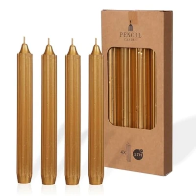 Image of COMFORDER Taper Candles Set, 4 x Table Plain + Ribbed, 20 cm, 7 Hours Burning Time (Gold)