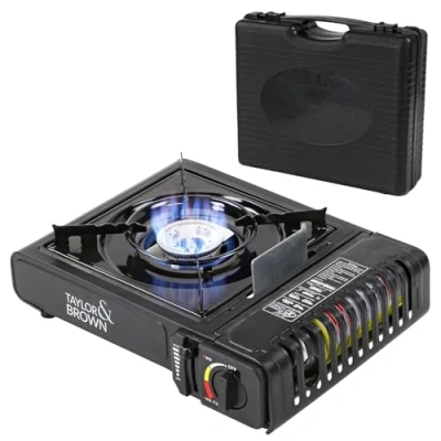 Image of Taylor &amp; Brown Black Portable Camping Stove with Cary Case EN417 Compliant Premium Gas Automatic Ignition Heat Control