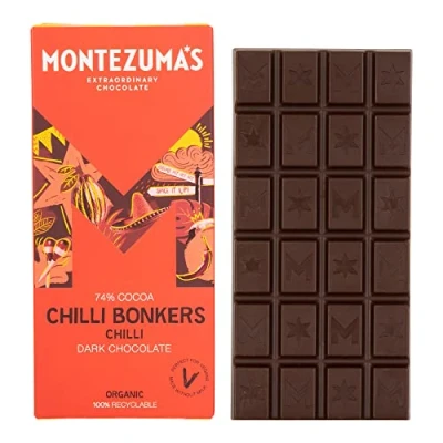 Image of Montezuma&#039;s Chilli Bonkers, 74% Cocoa, Dark Chocolate With Chilli, Gluten Free, Naturally Vegan &amp; Organic, 90g Bar