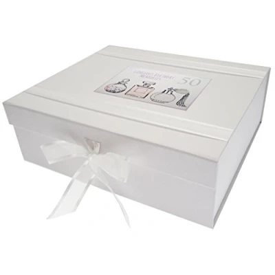 Image of White Cotton Cards 50th Birthday, Large Keepsake Box, Perfume Bottles, Wood, 27.2 x 32 11 cm