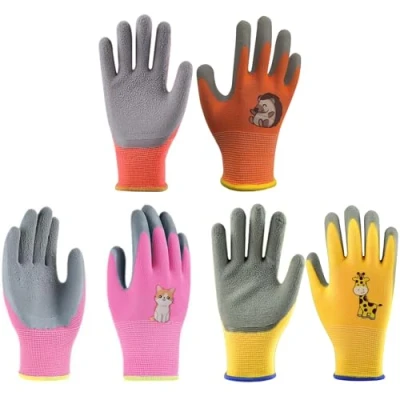 Image of CubePlug Girls and Boys 3 Pairs Kids Gardening Gloves for Age 4 11, Non Slip Work Gloves, Gloves,Foam Rubber Coated (Orange+Yellow+Pink, Age(7 11))