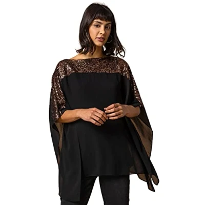 Image of Roman Originals Women Sequin Embellished Chiffon Overlay Top Ladies Spring Occasion Summer Holiday Asymmetric Hem Comfy Round Neckline Vacation Tops Bronze Size 10