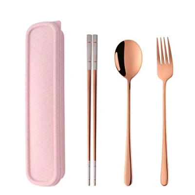 Image of SBOMHS 18/10 Stainless Steel Portable Cutlery Chopsticks Spoon Fork Set with Case for School Home Office Camping Travel Outdoor Rose Gold