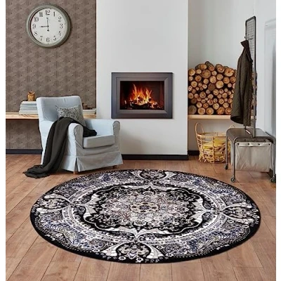 Image of householdfurnishing Vintage Traditional Rug Floral Pattern Carpet Bedroom Mat Living Room Rugs Exquisite Persian Style Wide Area Hallway Runner (Black, 120 x cm Round Rug)