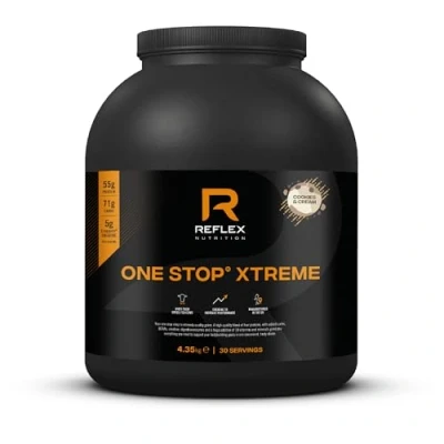 Image of Reflex Nutrition One Stop® Xtreme Serious Mass Gainer All in Protein Powder 55g Protein, 10.3g BCAAs, 5,000mg Creatine Muscle Building Shake (Cookies &amp; Cream, 4.35kg)