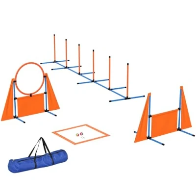 Image of PawHut 6 Pieces Dog Agility Equipment, Pet Training Set with Weave Poles, Jump Ring and Hurdle, Pause Box, Obstacle Course Kit Carry Bag, Orange