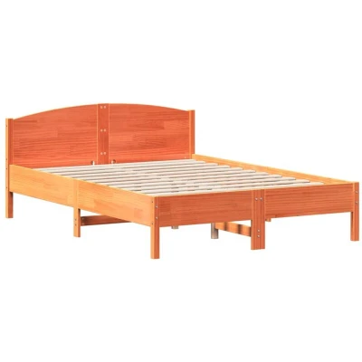 Image of vidaXL Solid Pine Wood Double Bed Frame with Headboard King Size 150x200 cm, Wax Brown Storage Shelves