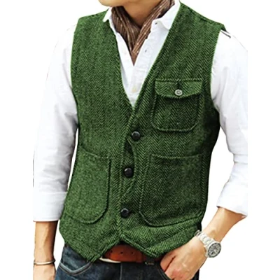 Image of Solovedress Mens Vintage Wool 3 Real Pockets Suit Vest V Neck Tweed Waistcoat for Wedding Groomsmen(Green,XXXL)