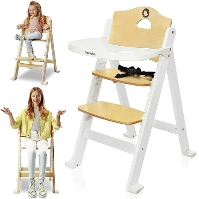 Image of LIONELO Floris 3in1 Feeding high chair for baby from 6 months to older child, Load capacity up 40 kg Highchair made of birch wood 4 step seat and footrest adjustment, detach adjustable tray, Harnes