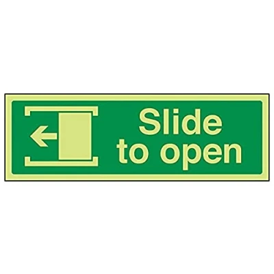 Image of V Safety Glow In The Dark Slide To Open (Left) Door Sign 300mm x 100mm Rigid Plastic