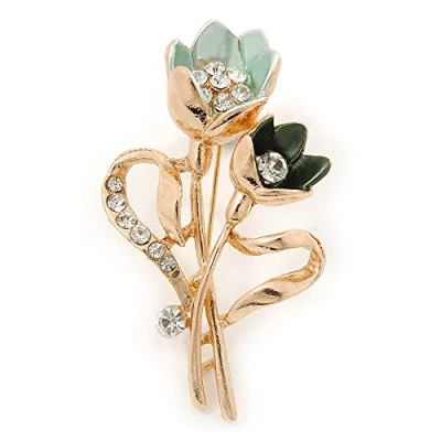 Image of Avalaya Mint/Dark Green Crystal Tulip Brooch in Gold Tone 55mm L
