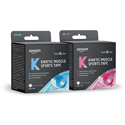Image of Amazon Basic Care Kinetic Muscle Sports tape, 5m x 5cm, Pack of 2, Blue, Pink