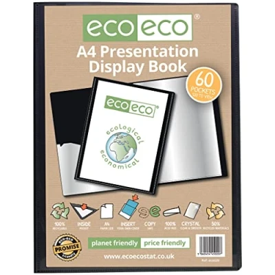 Image of eco A4 Size 50% Recycled 60 Pocket Black Presentation Display Book, Storage Case Portfolio Art Folder with Plastic Sleeves