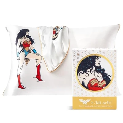 Image of Kitsch Wonder Woman x Satin Pillowcase with Zipper Softer Than Silk Pillow Cases for Hair &amp; Skin Cooling Covers Standard Size (Believe in Wonder, 1 Pack)