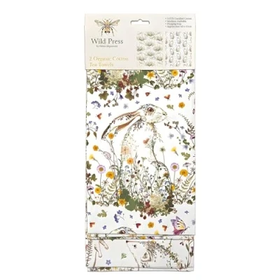 Image of Museums &amp; Galleries Tea Towels Organic Cotton Pressed Flowers Wildflower Hare and Hedgehogs by Helen Ahpornsiri Set of 2 Stylish Home Accessory