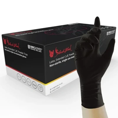 Image of Unigloves Select Black Latex Extended Cuff GT0015 Single Use Multipurpose, Powder Free Disposable Gloves, Optimised for Tattoo Artists, Box of 100 Black, Extra Large