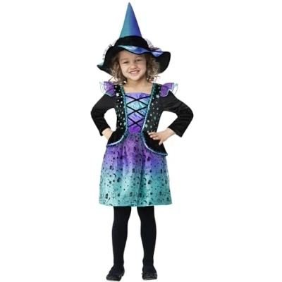 Image of Smiffys Cosmic Witch Costume Dress &amp; Hat, Teal Ombre, Halloween Child Fancy Dress, Up Costumes
