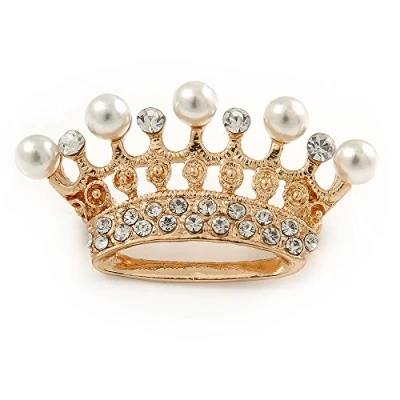 Image of Avalaya Clear Crystal Faux Pearl Crown Brooch in Gold Tone Metal 45mm