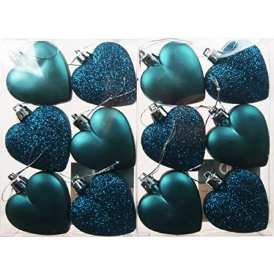Image of Set Of 12 x Love Heart Christmas Tree Baubles Kingfisher Teal Blue