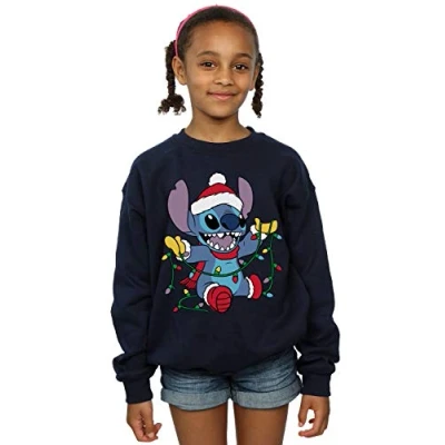 Image of Disney Girls Lilo and Stitch Christmas Lights Sweatshirt Navy Blue 5 6 Years