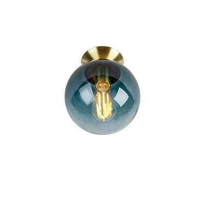Image of Qazqa Art Deco Ceiling Lamp I Flush Light 20cm Brass with Ocean Blue Glass Shade Pallon Suitable for LED E27 1 Living roo