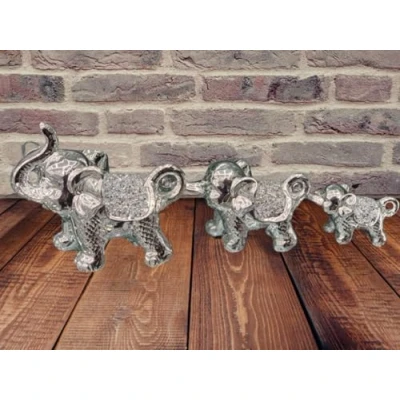 Image of Deenz New Silver Set Of 3 Elephants Sparkle Bling Ornament Crushed Diamonds Home Decor