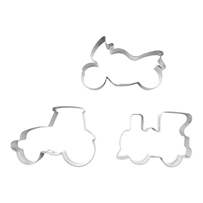 Image of BekkiB 23522 Set of 3 &quot;Vehicles&quot; Cookie Cutters Tractor, Locomotive and Motorcycle Stainless Steel are Dishwasher Safe
