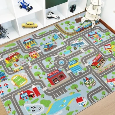 Image of Capslpad Kids Play Rug Town City Road Car Mat 150x200cm Non Slip Carpet Playmat Machine Washable Exercise Short Pile Learning Educational Area for Room Toddler Playroom, Pastel Blue